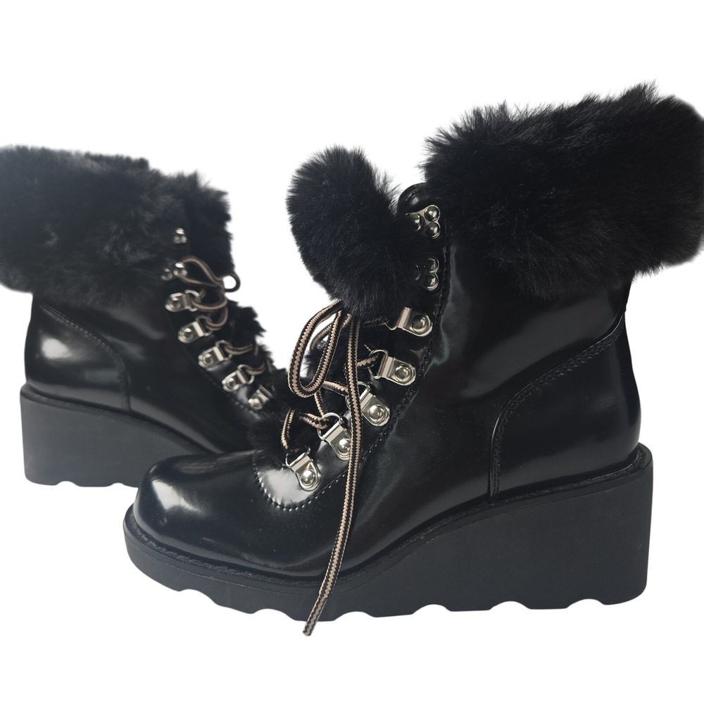INC Women's 5.5M Hannia Wedge Patent Lace-up Booties Faux Fur Black Boots
